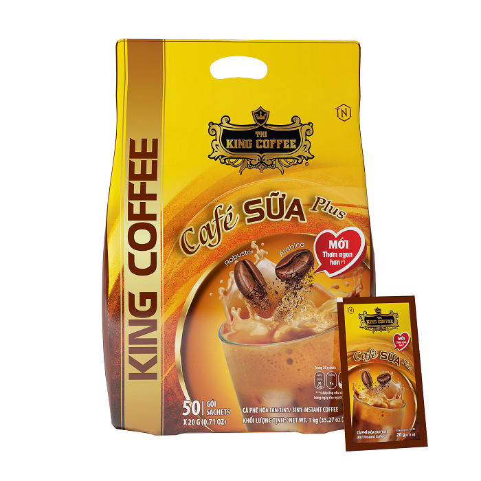 KING-COFFEE-Cafe-SUA-Plus-Tui-1kg-50-sachets-x-20g_VE.jpg Cà Phê Sữa PLUS Hòa Tan 3IN1 KING COFFEE - Túi 1kg (50 gói x 20g)