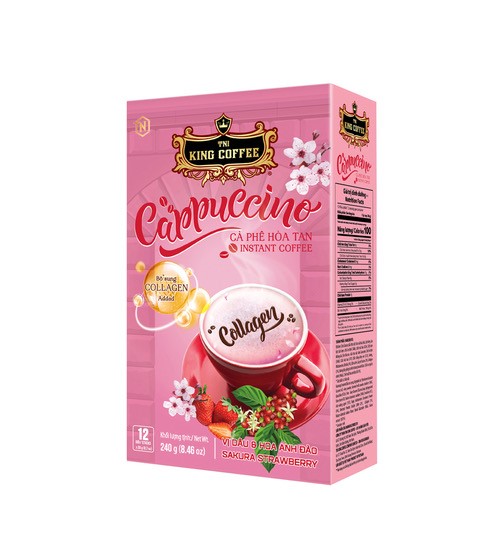 KING-COFFEE-Collagen-Sakura-Strawberry-cappuccino-instant-coffee-–-Box-240-g-12-sticks-x-20g_VE.jpg Cà Phê Hòa Tan Cappuccino Collagen KING COFFEE vị Dâu và Hoa Anh Đào - Hộp 12 gói x 20g