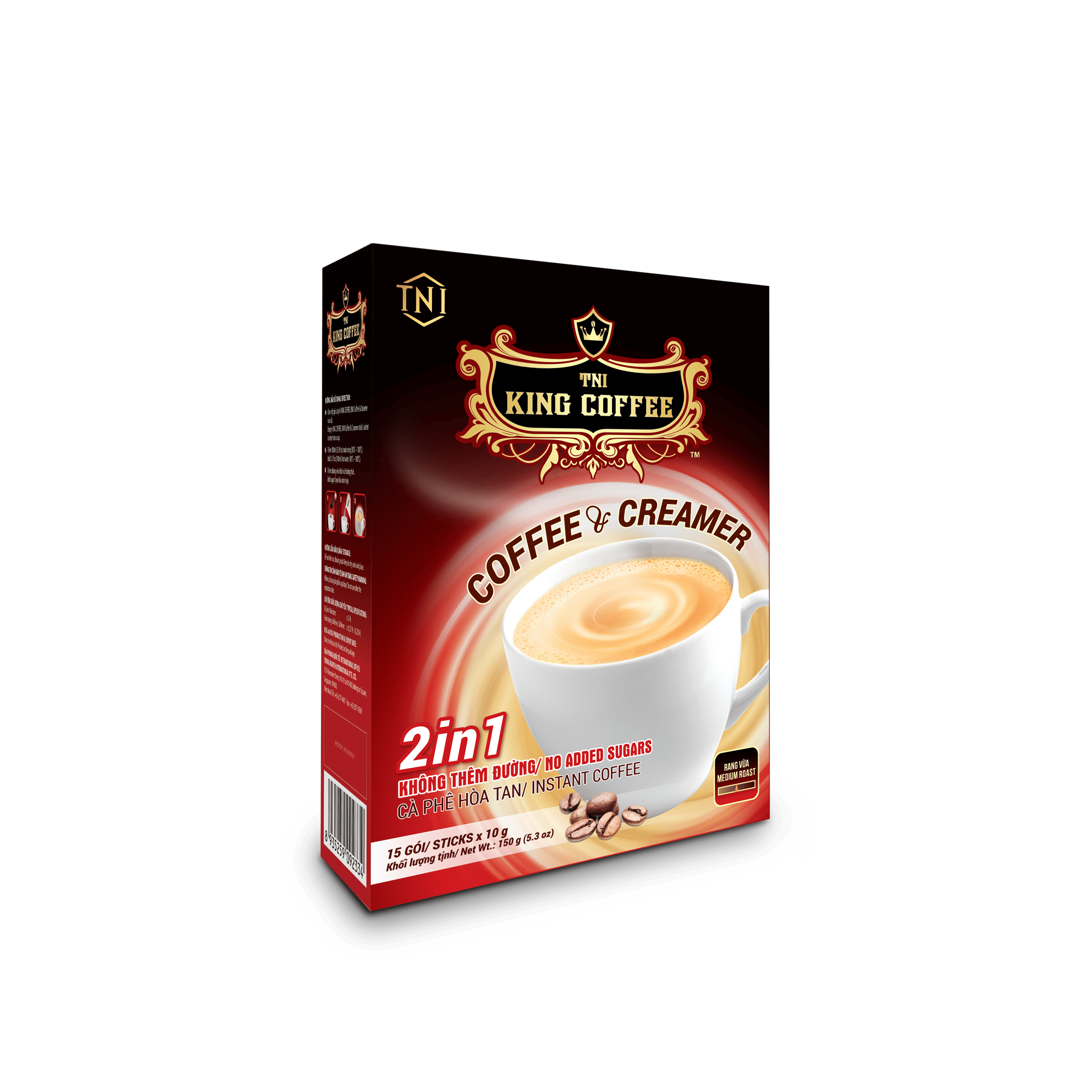 King-coffee-2in1-instant-coffee-Creamer-Box-15-sticks-x-10gr.png Cà Phê Hòa Tan 2IN1 Cà phê và bột kem không sữa KING COFFEE - Hộp 15 gói x 10g